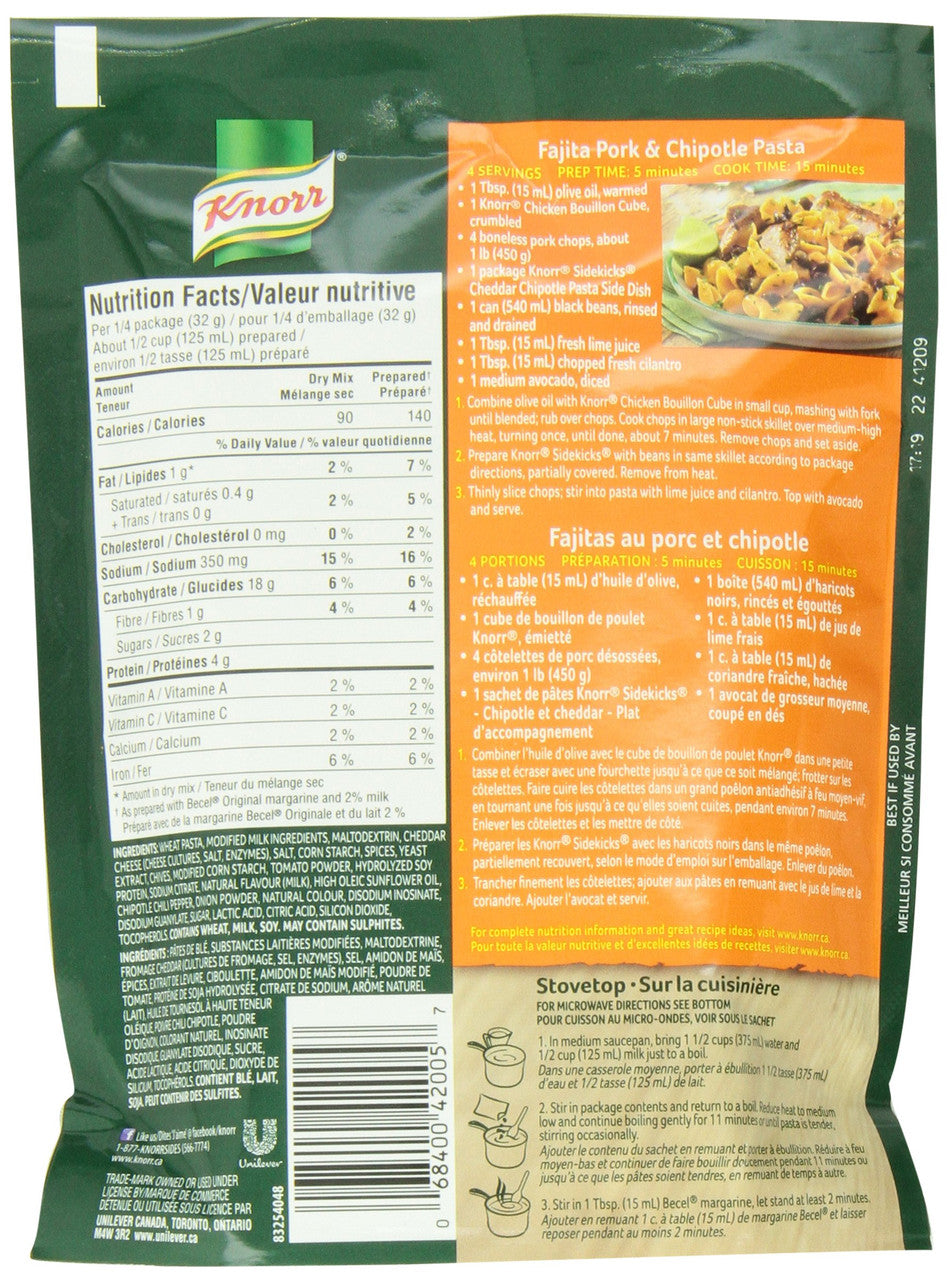 Knorr Side Kicks Cheddar Chiptole Pasta, 124g/4.4 oz., per pack, (Pack of 8) {Imported from Canada}